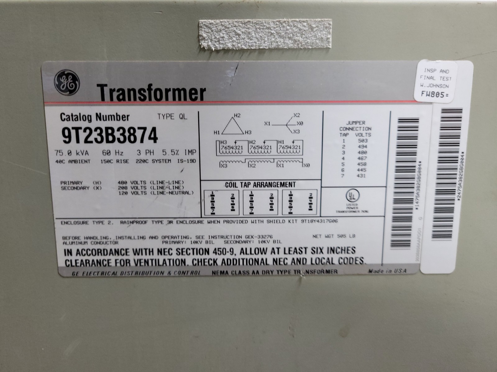 75 KVA 480 Primary, 208/120 Secondary, General Electric #9T23B3874, Transformer, QL, Type 2, 3 phase - Image 2