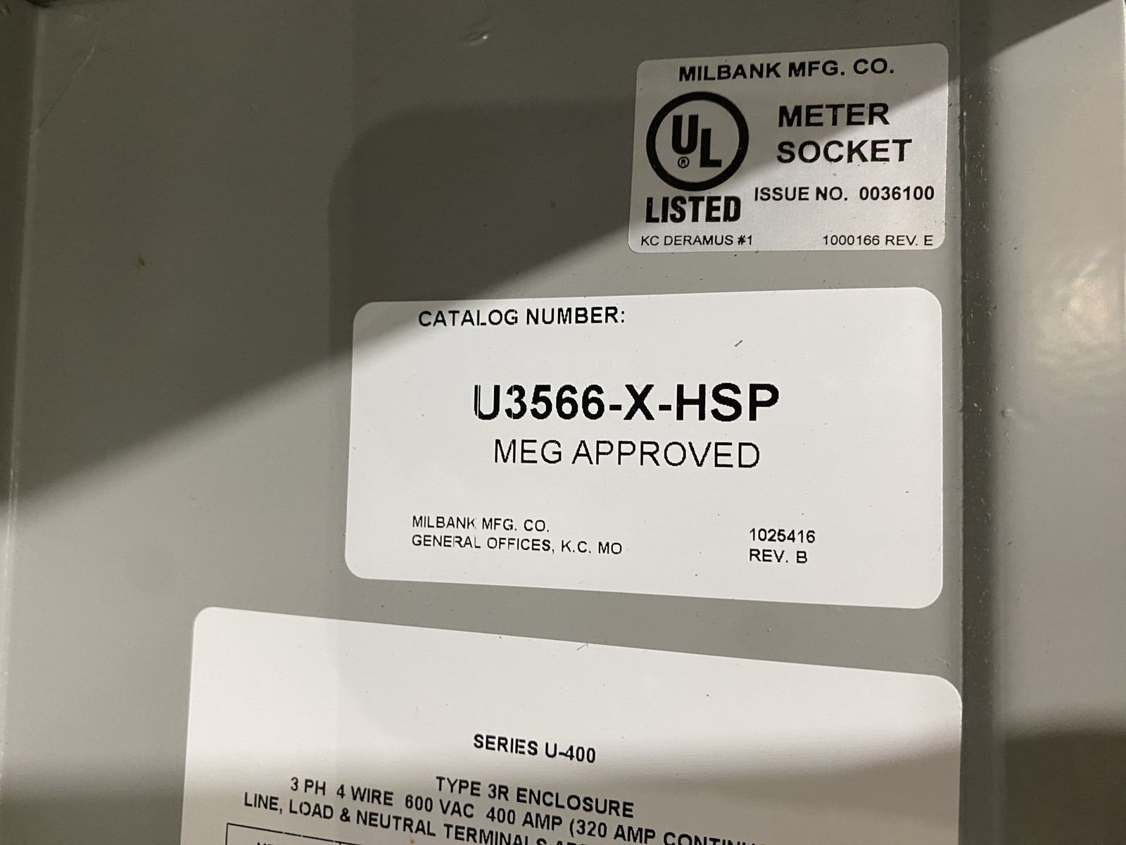 320 Amps, Milbank #U3566-X-HSP, Meter Base, 3 phase, 7 Terminal, Bypass, MEG Approved, new - Image 9