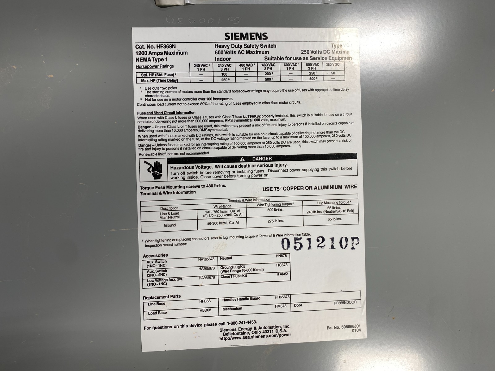 1200 Amp. Siemens #HF368N, Heavy Duty Disconnect Switch, 3P, 3 phase, 600 VAC, 250 VDC, Nema Type 1 - Image 3