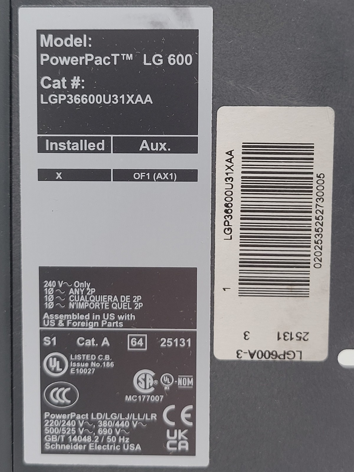 600 Amps, Square D #LGP36600U31XAA, PowerPact Circuit Breaker, 3P, 600 Volts, 35KA, new - Image 3
