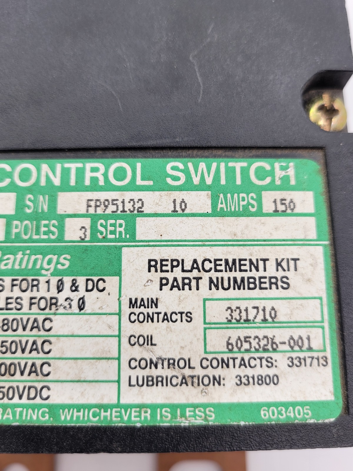 150 Amp. Asco #920315030X, 920 Remote Control Switch, 3P, 3 phase, 600 Volts, 110/120 Volts Coil - Image 3