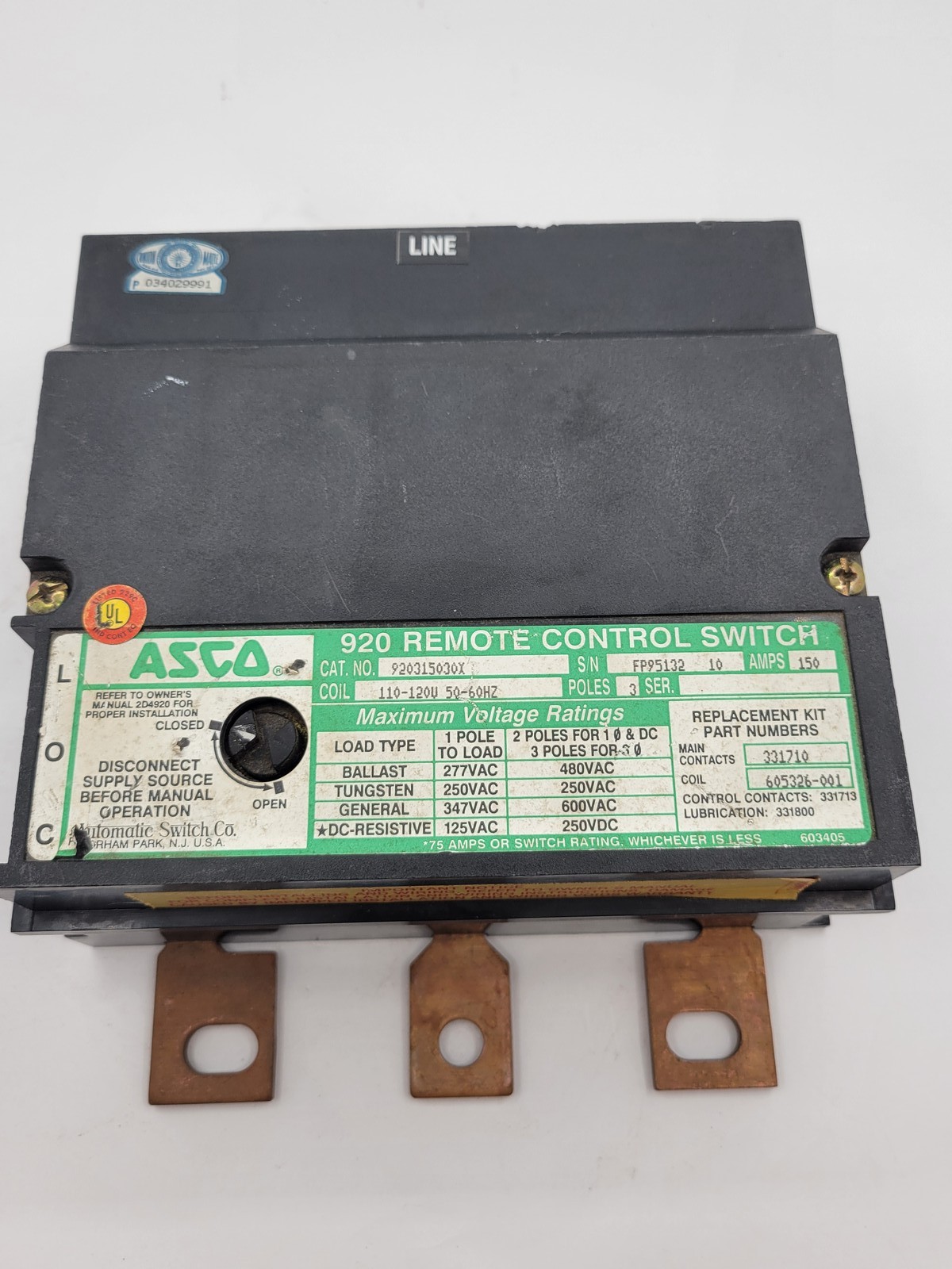 150 Amp. Asco #920315030X, 920 Remote Control Switch, 3P, 3 phase, 600 Volts, 110/120 Volts Coil - Image 5