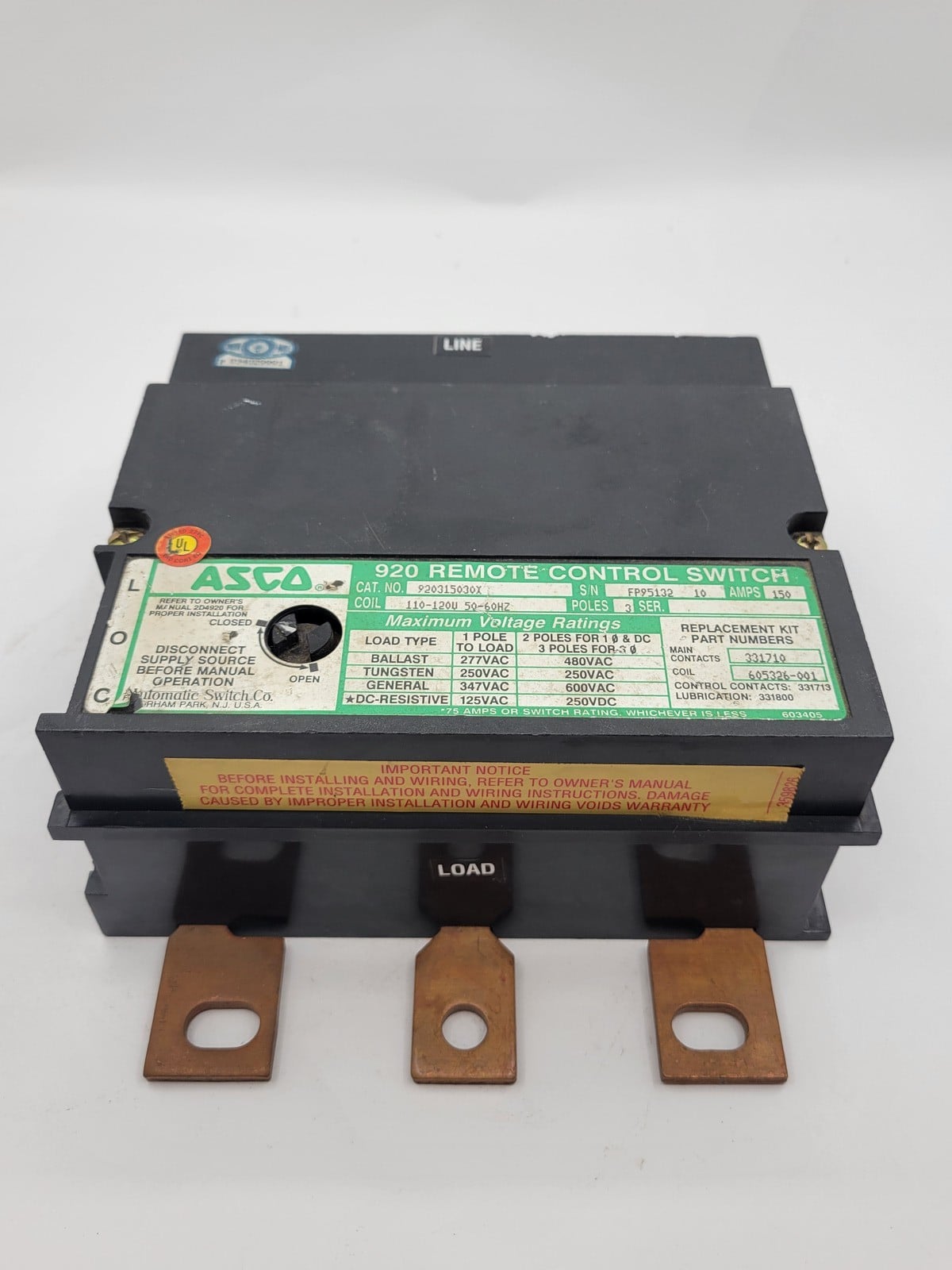 150 Amp. Asco #920315030X, 920 Remote Control Switch, 3P, 3 phase, 600 Volts, 110/120 Volts Coil - Image 6