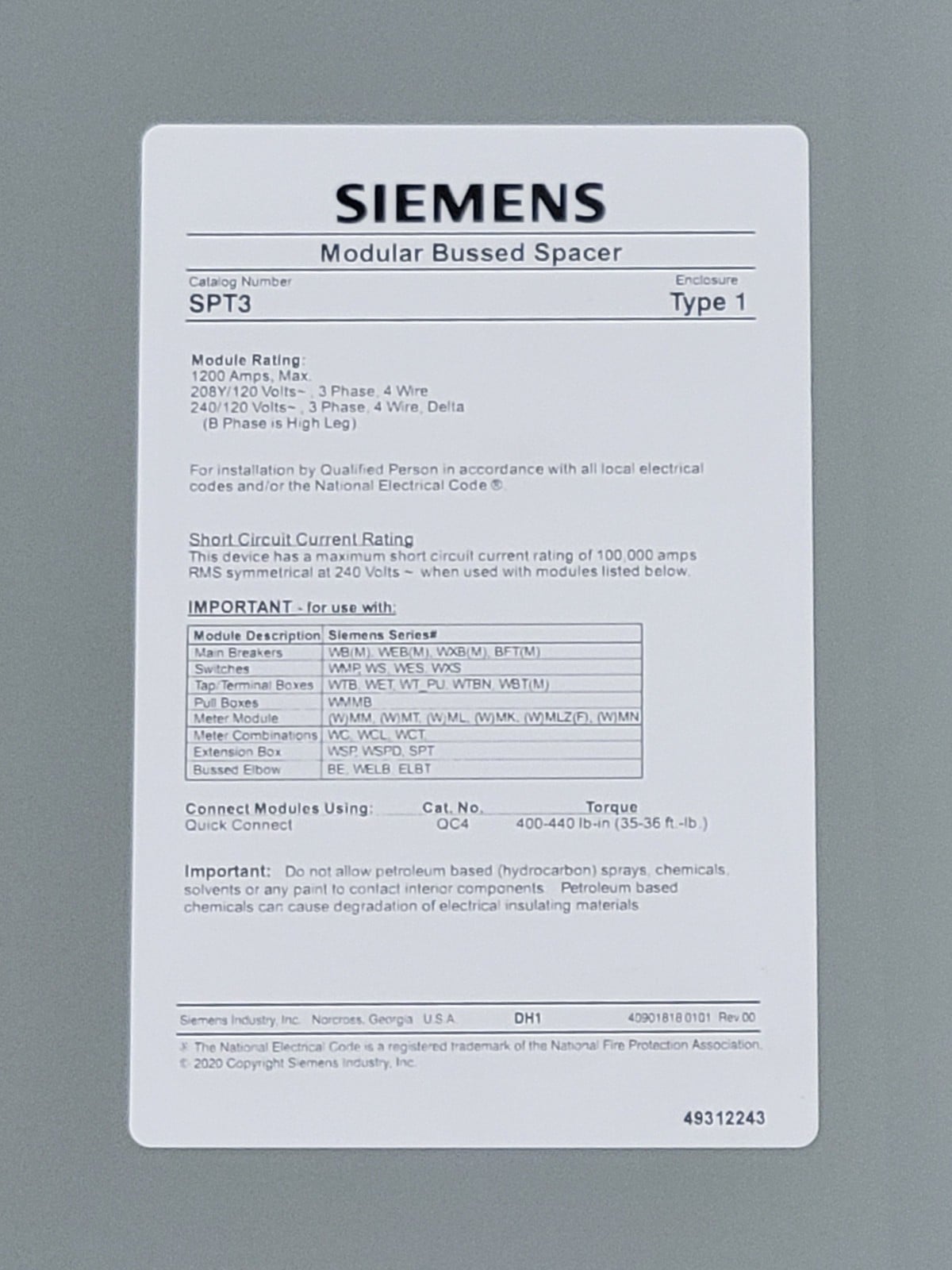 1200 Amp. Siemens #SPT3, Power Mod Modular Metering System Bussed Spacer, 3 phase, 4W, 240 Volts - Image 3