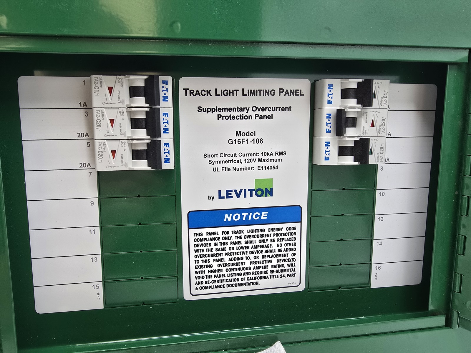 Leviton #G16F1-003-106, Track Light Limiting Panel, 16 Space, 120 Volts, Flush Mount, new - Image 10