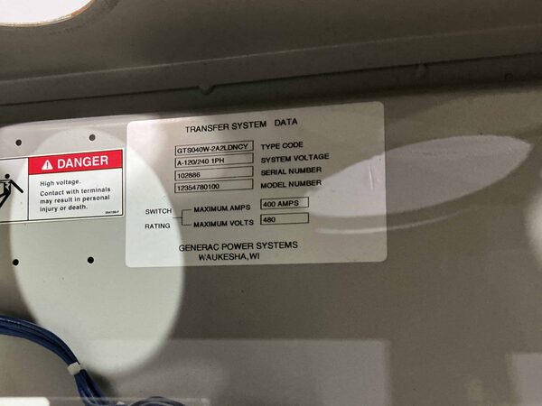 400 Amp. Generac #J07ATSC30400N5XC, Automatic Transfer Switch, 2-pole, NEMA 1 enclosure, 120/240 Volts, 1PH - Image 3