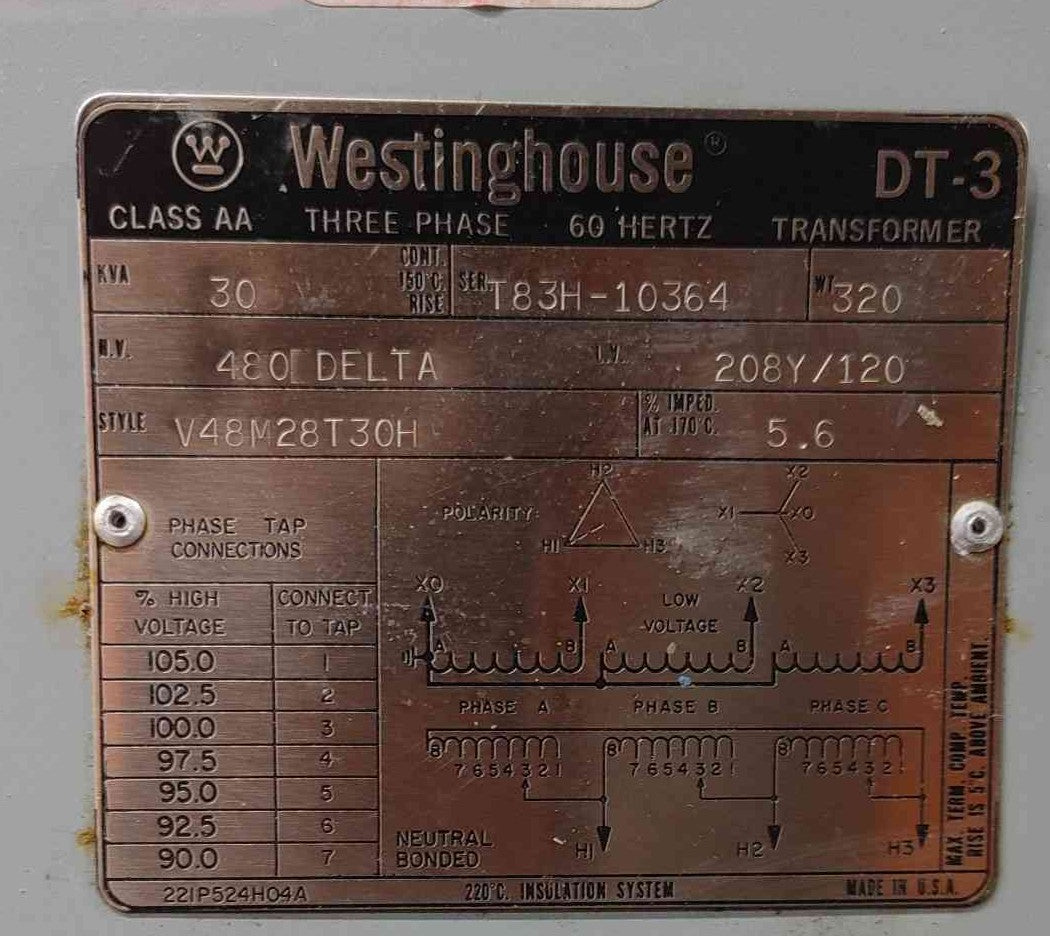 30 KVA 480 Delta Primary, 208Y/120 Secondary, Westinghouse #V48M28T30H, DT-3, Transformer, 3 Phase - Image 3