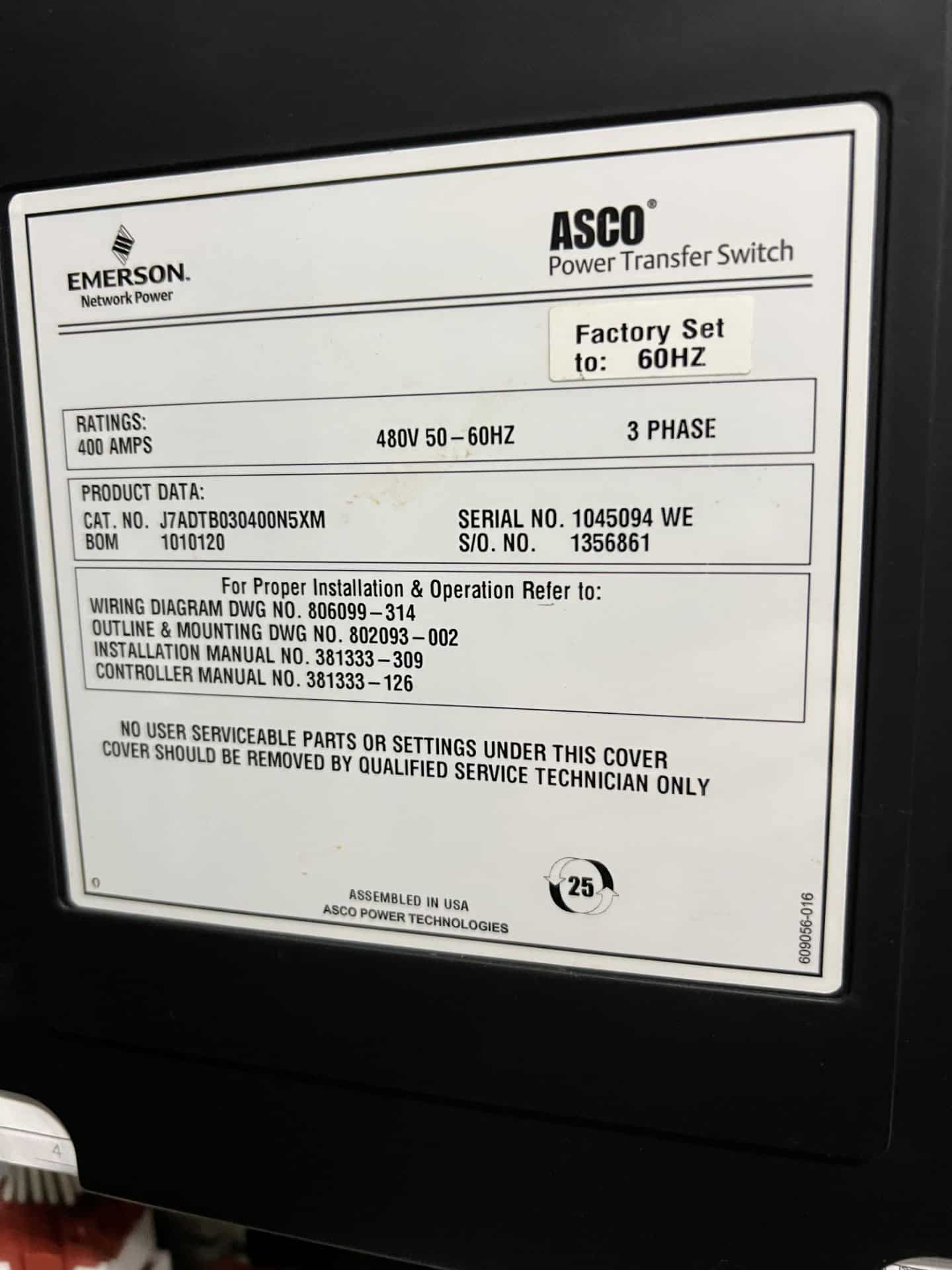 400 Amp. Asco #J7ADTB030400N5XM, Automatic Transfer Switch, 480 Volts, 3-pole, NEMA 3R enclosure, 3PH - Image 4