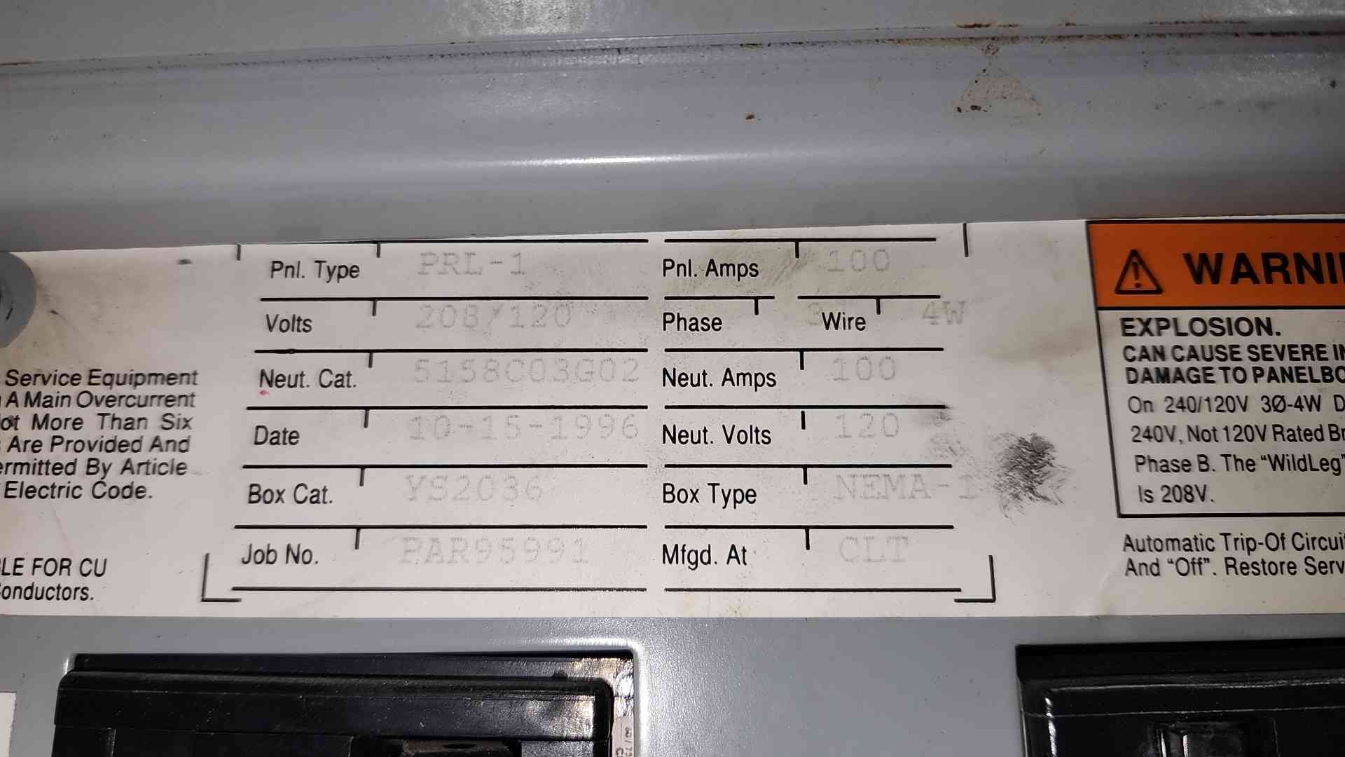 100 Amp. Cutler-Hammer, Pow-R-Line PRL1, Panelboard, 208Y/120 Volts, 3 phase, w/ (20) 20A 1-pole, (3) 30A - Image 3