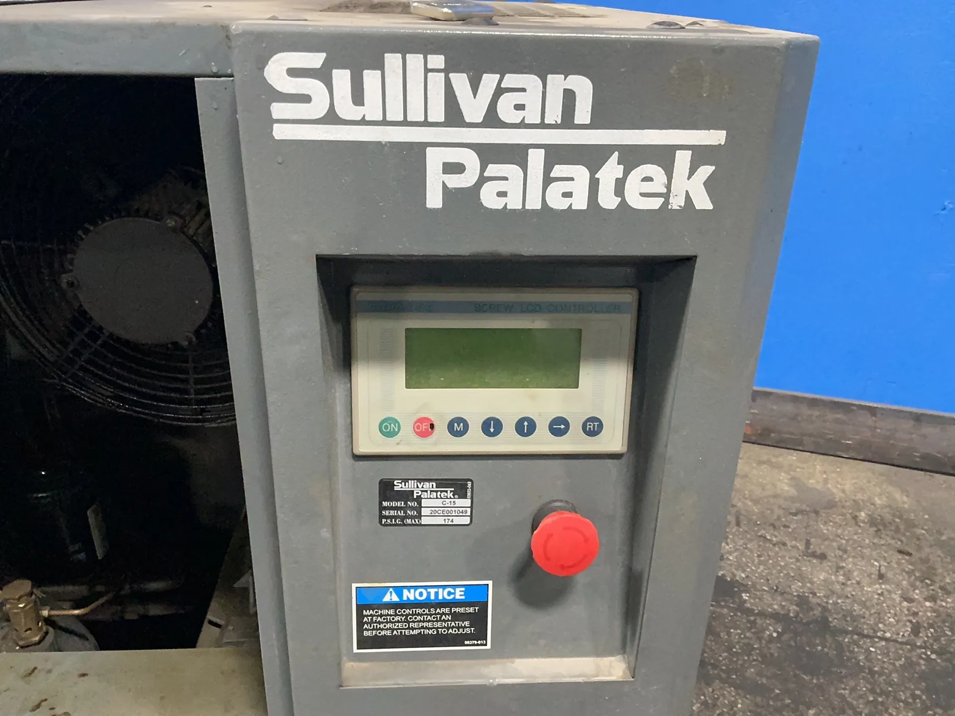 174 PSIG, Sullivan-Palatek #C-15, rotary screw air compressor, 15 HP, 3410 RPM, 16.5 Amps, MAM-100 digital - Image 6
