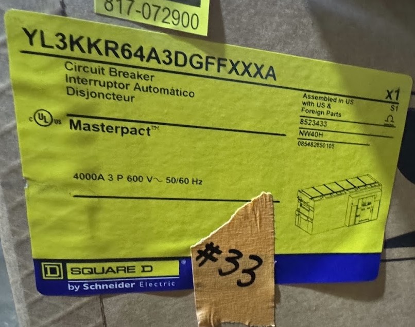 4000 Amps, Square D, NW40H, MasterPact NW circuit breaker, YL3KKR64A3DGFFXXXA, 3-pole, 600 Volts, 50/60 Hz. - Image 1