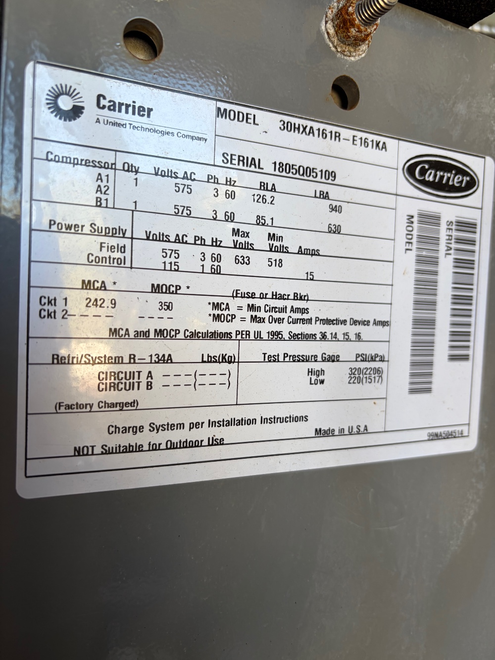 161 Ton, Carrier #HXA-161, chiller, 575 V., Nitrogen charged, 2006 - Image 4