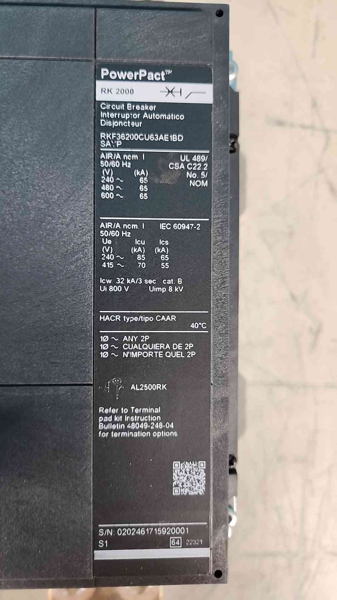 2000 Amps, Square D PowerPact RK2000 #RKF36200CU63AE1BDSAYP, circuit breaker, Micrologic - Image 2