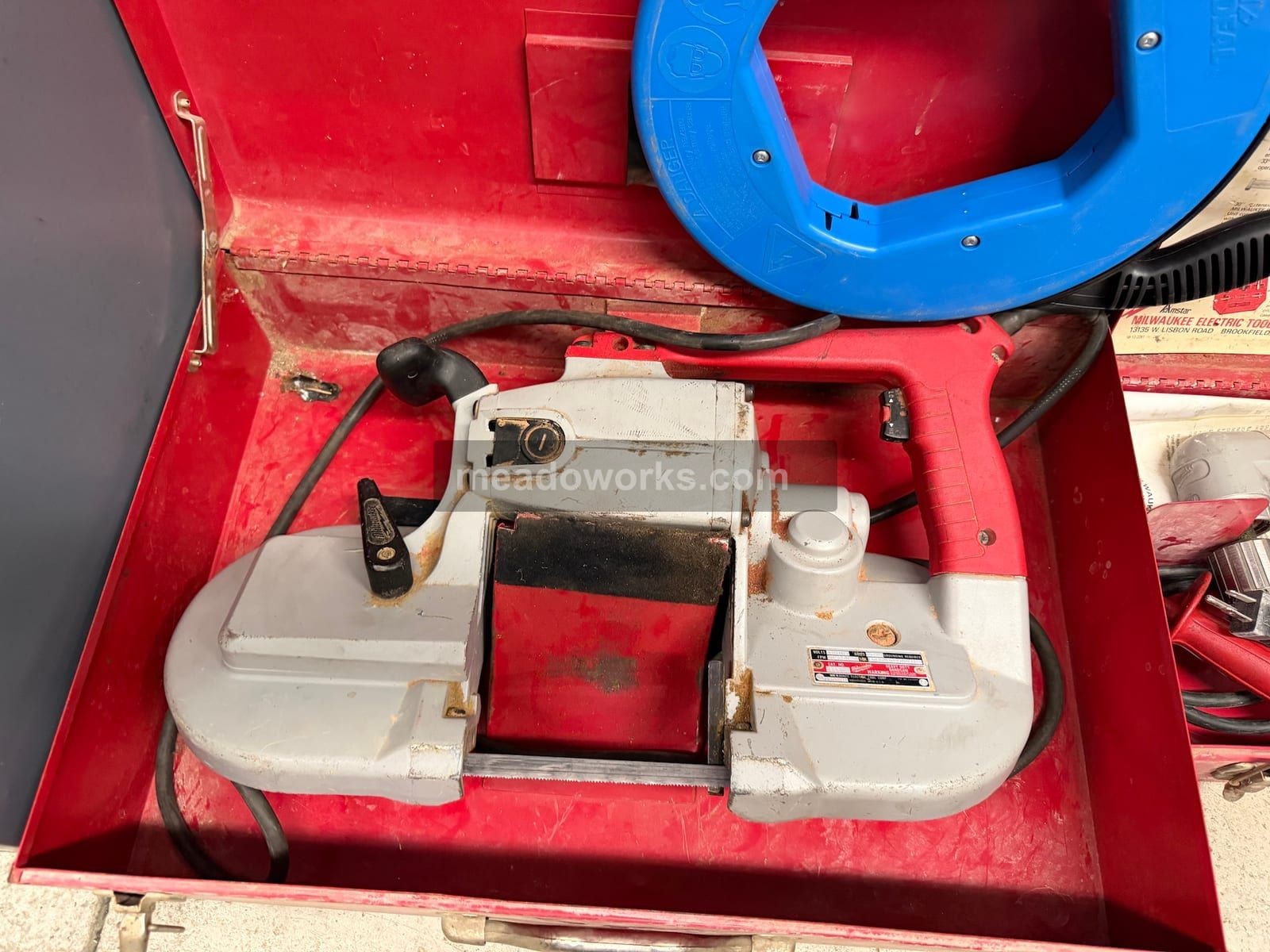 Milwaukee #6230, Tool Lot, portable band saw, right angle drill, Ideal 120' fish tape, steel cases - Image 3