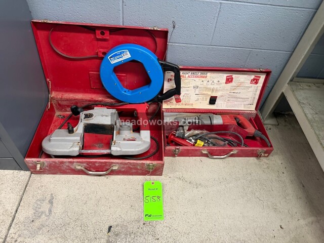 Milwaukee #6230, Tool Lot, portable band saw, right angle drill, Ideal 120' fish tape, steel cases - Image 7
