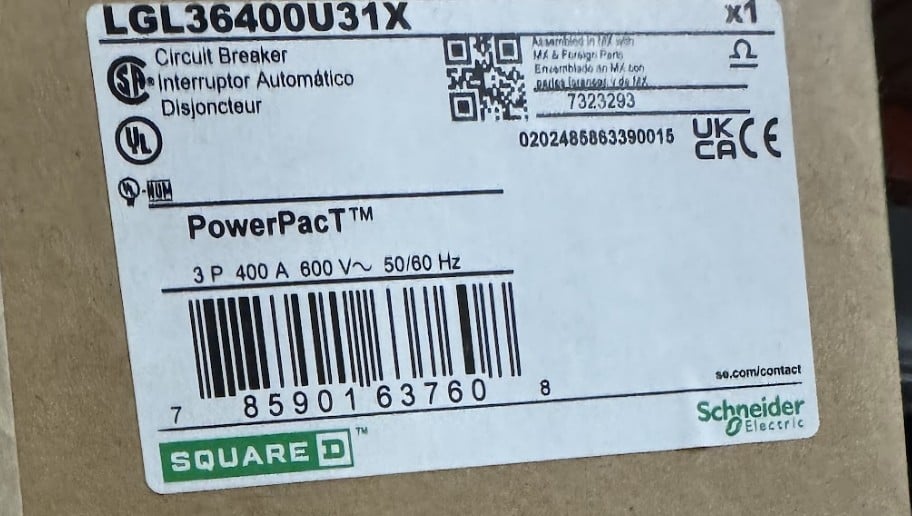 400 Amps, Square D, LGL36400U31X, PowerPacT L molded case circuit breaker, 3-pole, 600 Volts, MicroLogic 3.3 - Image 1