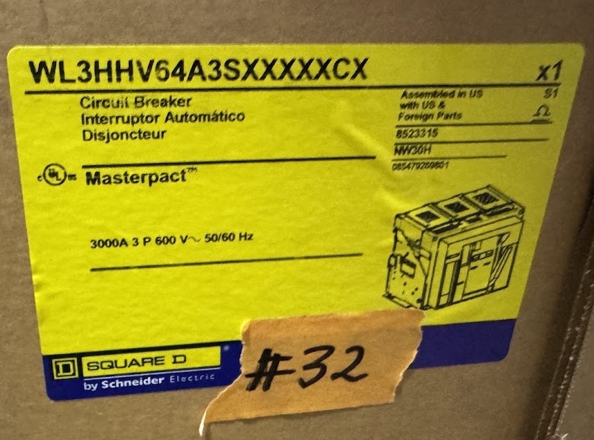 3000 Amps, Square D, NW30H, MasterPact NW circuit breaker, WL3HHV64A3SXXXXXCX, 3-pole, 600 Volts, 50/60 Hz. - Image 1