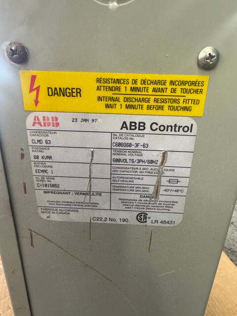 60 KVAR, ABB #C606G60-3F-63, CLMD 63 Power Factor Correction Capacitor, 600 Volts, 3 phase, 60 Hz., EEMAC 1 - Image 4