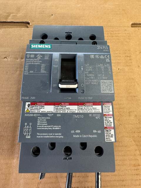 60 Amps, Siemens #3VA5260-6ED31-0AA0, Molded Case Circuit Breaker, 3 Pole, Frame 250H, TM210 Thermal Magnetic - Image 2
