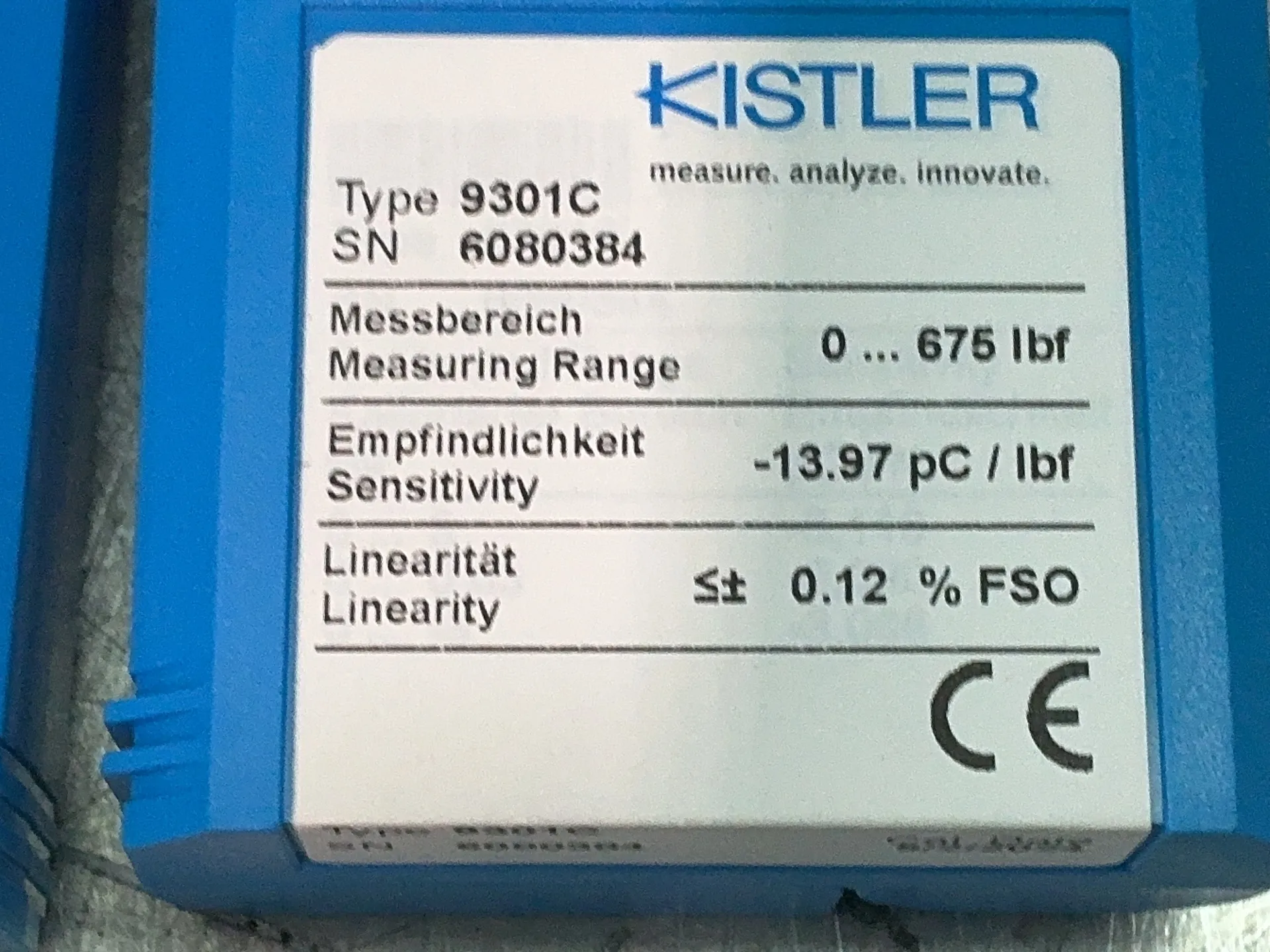 Kistler #9301C, piezoelectric force sensor load cells, 0-675 LBF measuring range - Image 1