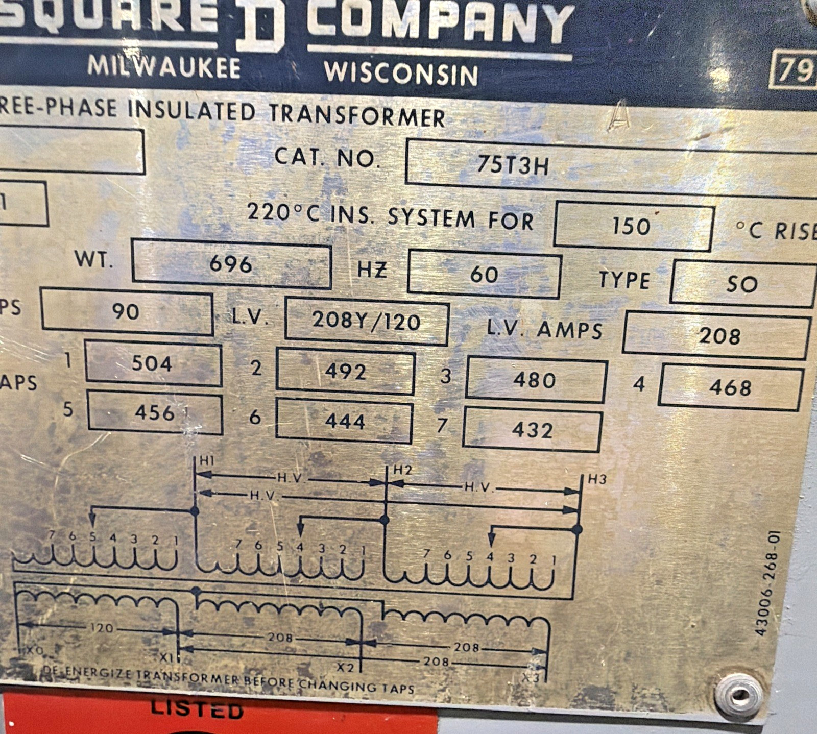 75 KVA 480 Primary, 208Y/120 Secondary, Square D #75T3H, Transformer, 3 Phase, 60 Hz - Image 10