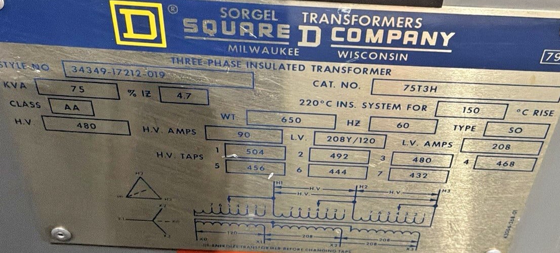 75 KVA 480 Primary, 208Y/120 Secondary, Square D #75T3H, Transformer, 60 Hz, NEMA 2 - Image 4