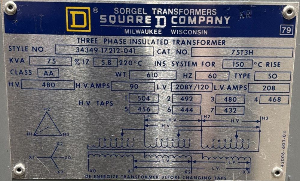 75 KVA 480 Primary, 208Y/120 Secondary, Square D #75T3H, Transformer, 3 Phase, 60 Hz - Image 2