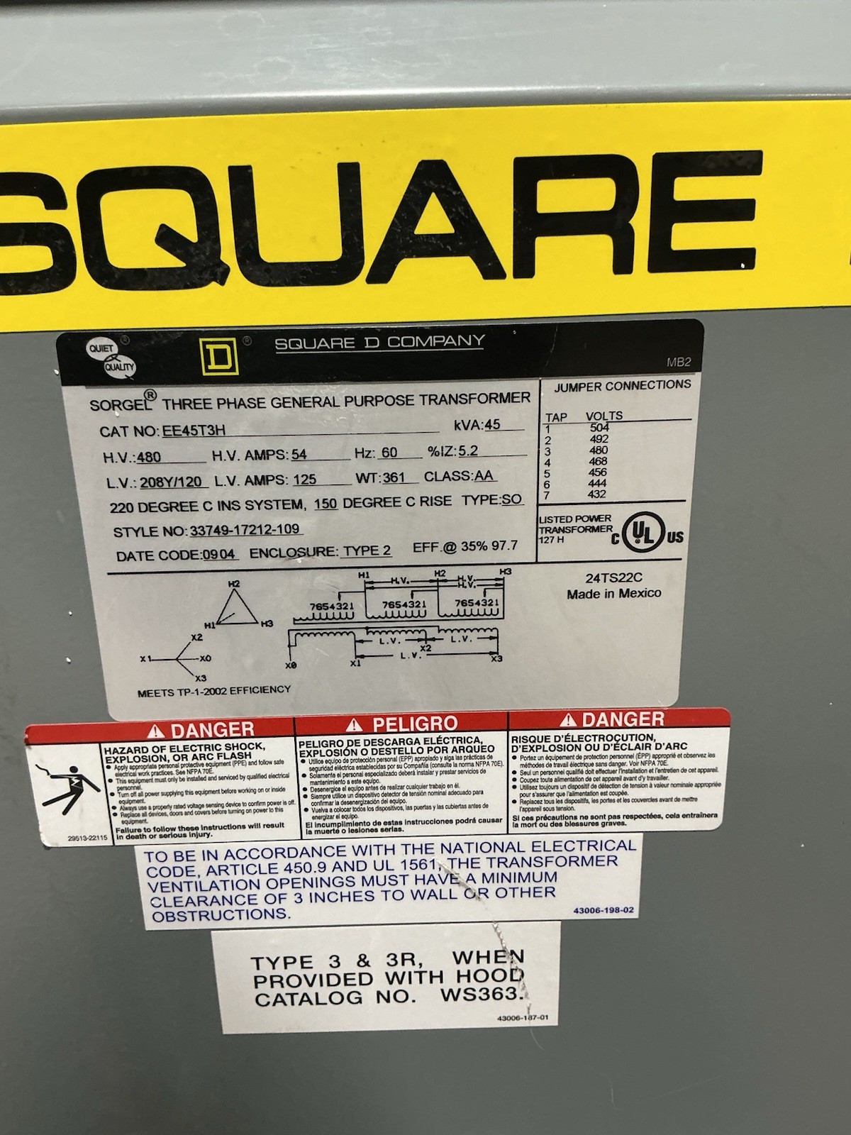 45 KVA 480 Primary, 208Y/120 Secondary, Square D #EE45T3H, Dry Type Transformer, 3 Phase, 60 Hz - Image 3