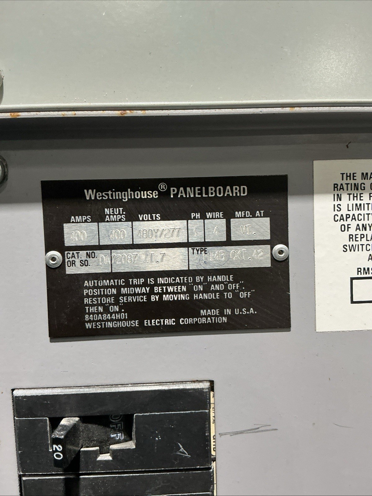 400 Amp. Westinghouse DA72087, MLO Panelboard, 480Y/277 Volts, 3 Phase, 4 Wire, no lock - Image 5