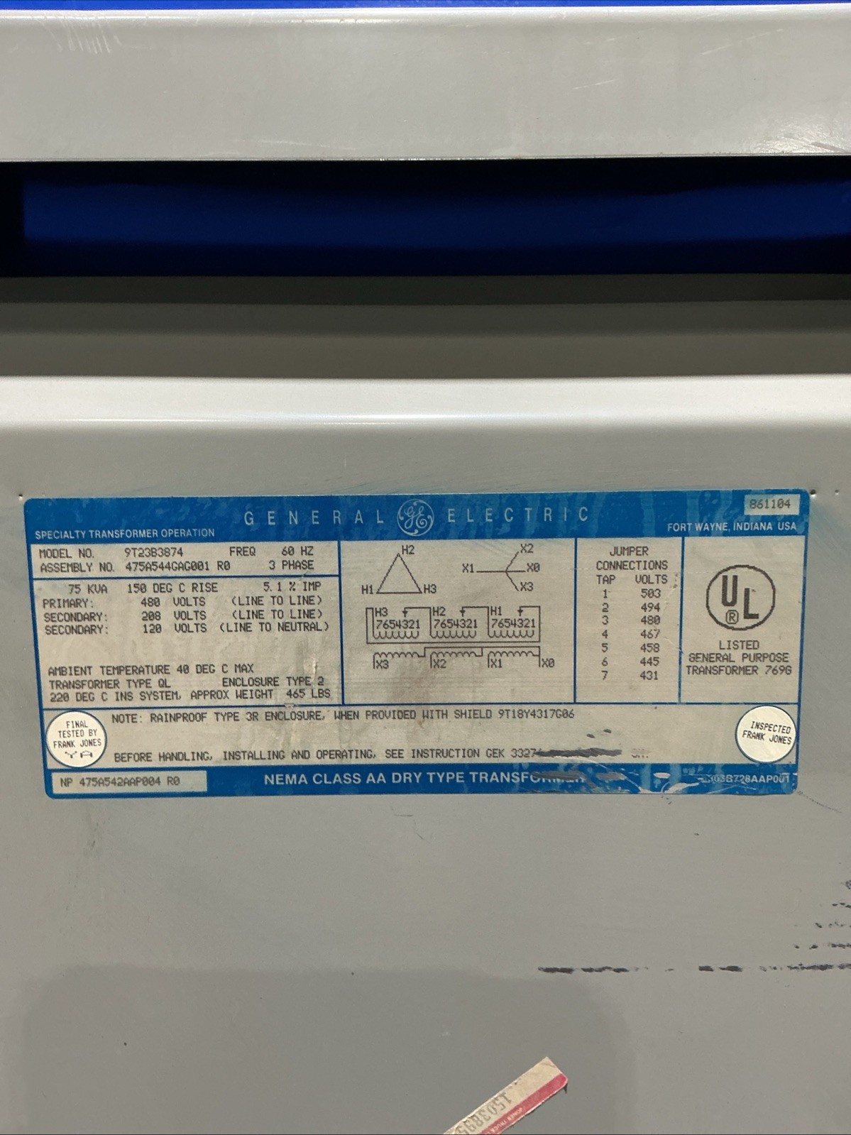 75 KVA 480 Primary, 208Y/120 Secondary, General Electric #9T23B3874, Dry Type Transformer, 3 Phase, 60 Hz (3 - Image 7