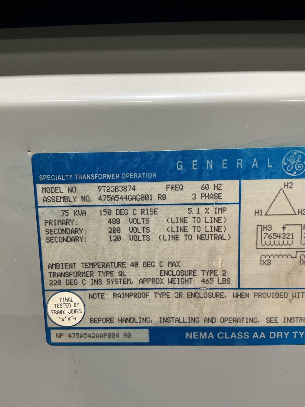 75 KVA 480 Primary, 208Y/120 Secondary, General Electric #9T23B3874, Dry Type Transformer, 3 Phase, 60 Hz (3 - Image 8