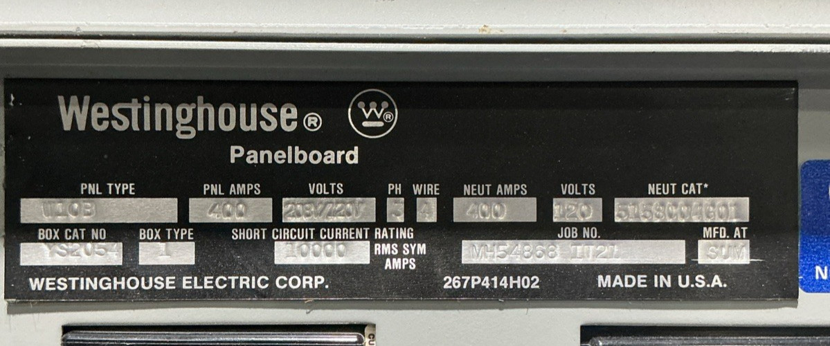 400 Amp. Westinghouse YS2054, MLO Panelboard, 208Y/120 Volts, 3 Phase, 4 Wire - Image 2