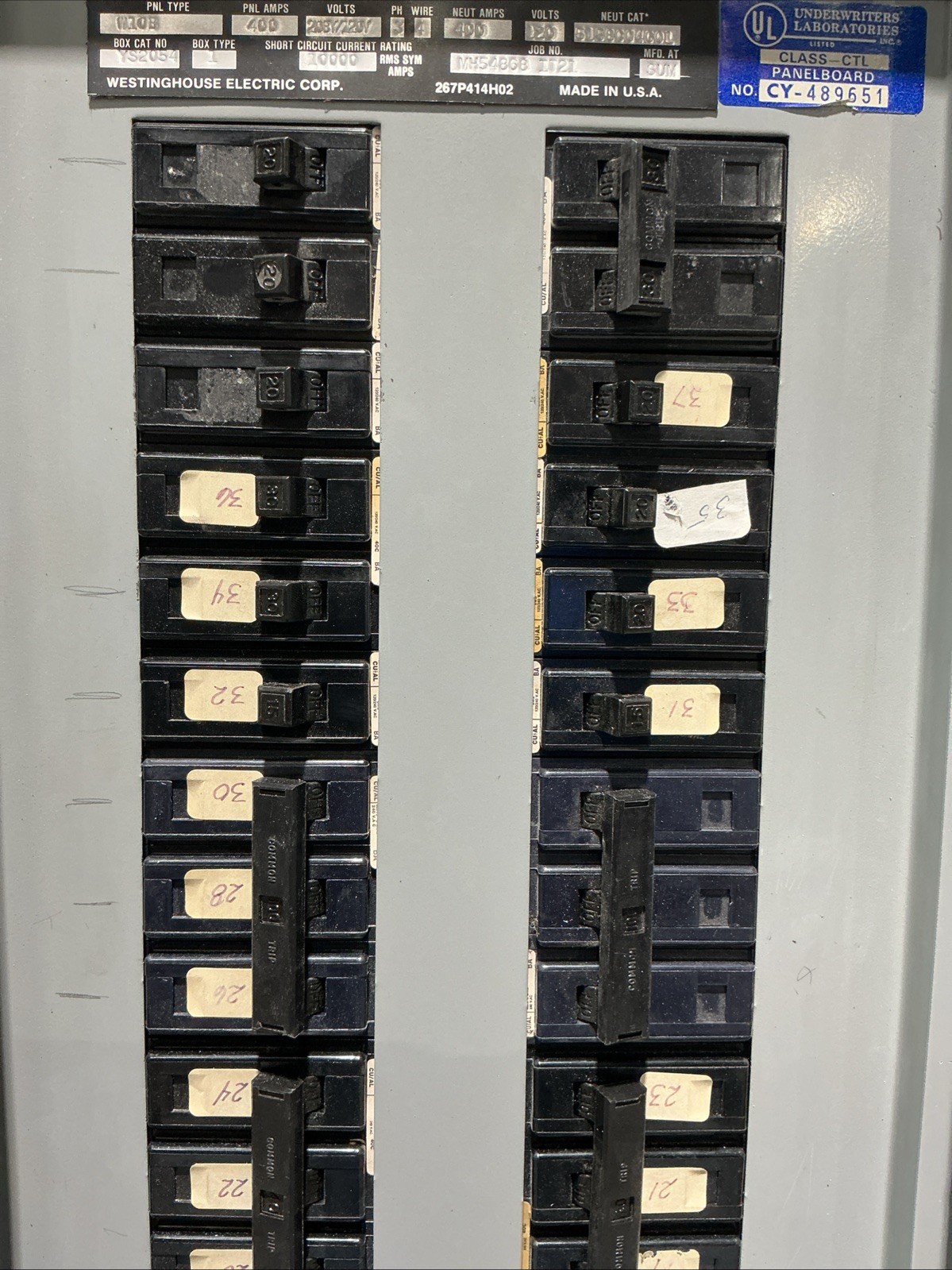 400 Amp. Westinghouse YS2054, MLO Panelboard, 208Y/120 Volts, 3 Phase, 4 Wire - Image 8
