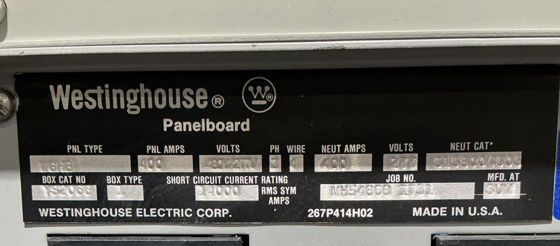 400 Amp. Westinghouse YS2066, Main Breaker Panelboard, 400 Amp main breaker, 480Y/277 Volts, 3 Phase, 4 Wire - Image 3