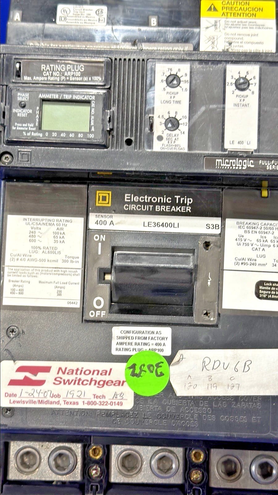 400 Amps, Square D #LE36400LI, I-Line circuit breaker, 600 Volts, 3 Pole, Micrologic trip, Series B (4 - Image 2