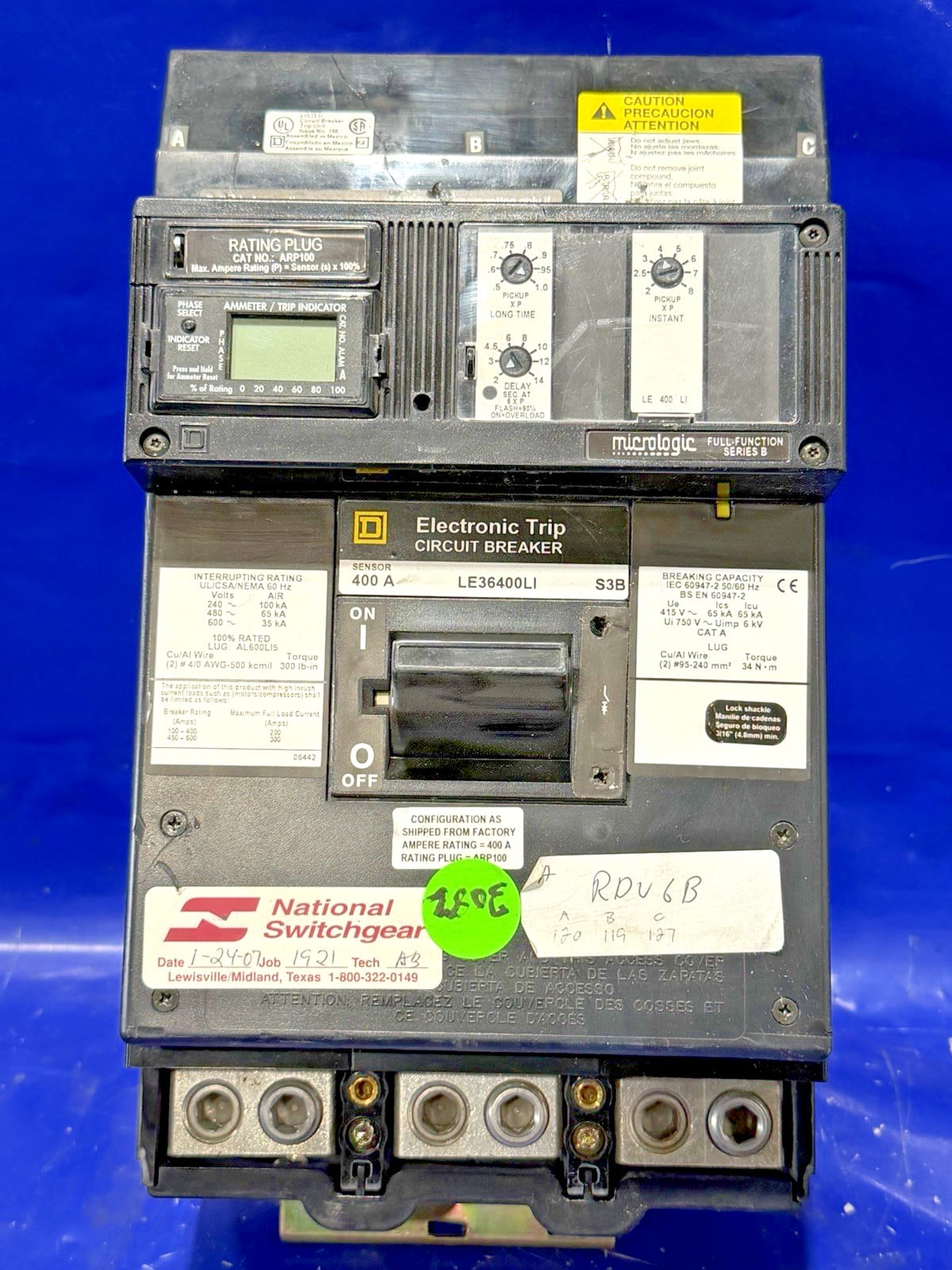 400 Amps, Square D #LE36400LI, I-Line circuit breaker, 600 Volts, 3 Pole, Micrologic trip, Series B (4 - Image 3