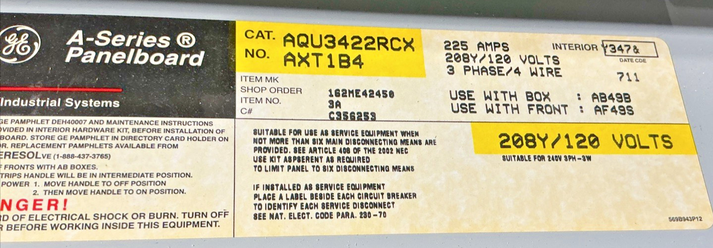 225 Amp. General Electric AQU3422RCX, Main Breaker Panelboard, 225 Amp main breaker, 208Y/120 Volts, 3 Phase - Image 3