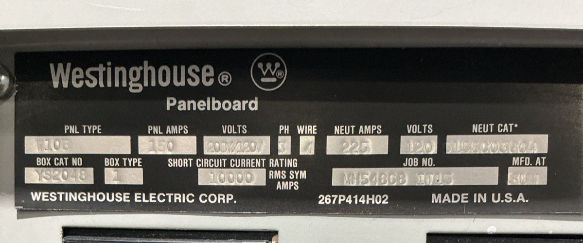 150 Amp. Westinghouse YS2048, Main Breaker Panelboard, 150 Amp main breaker, 208Y/120 Volts, 3 Phase, 4 Wire - Image 3