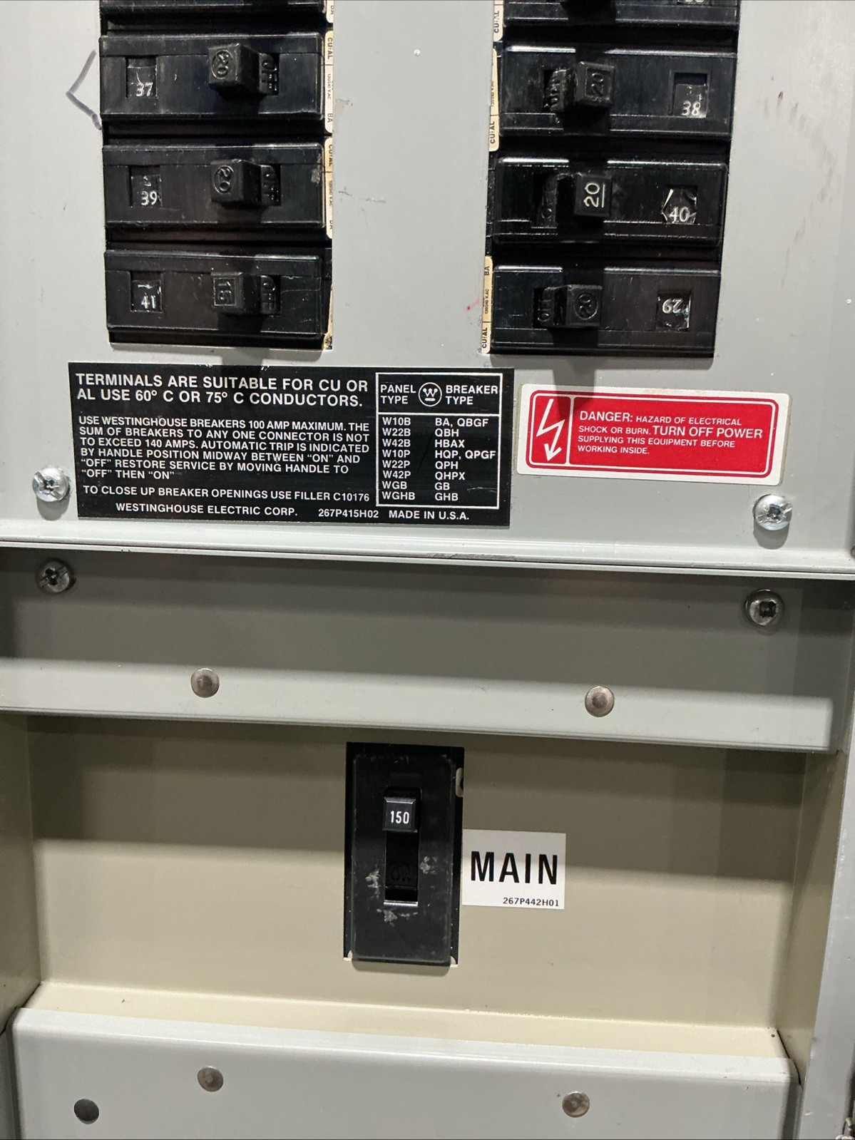 150 Amp. Westinghouse YS2048, Main Breaker Panelboard, 150 Amp main breaker, 208Y/120 Volts, 3 Phase, 4 Wire - Image 8