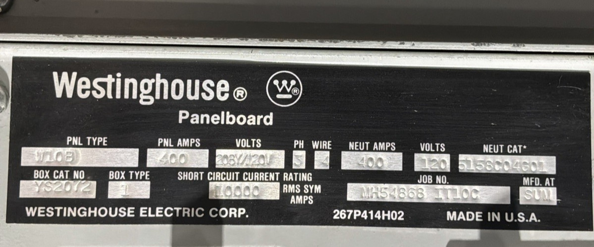 400 Amp. Westinghouse YS2072, MLO Panelboard, 208Y/120 Volts, 3 Phase, 4 Wire (8 available) - Image 3