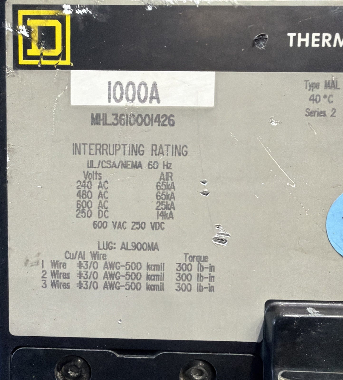 1000 Amps, Square D #MHL3610001426, thermal-magnetic circuit breaker, 600 Volts, 3 Pole - Image 3