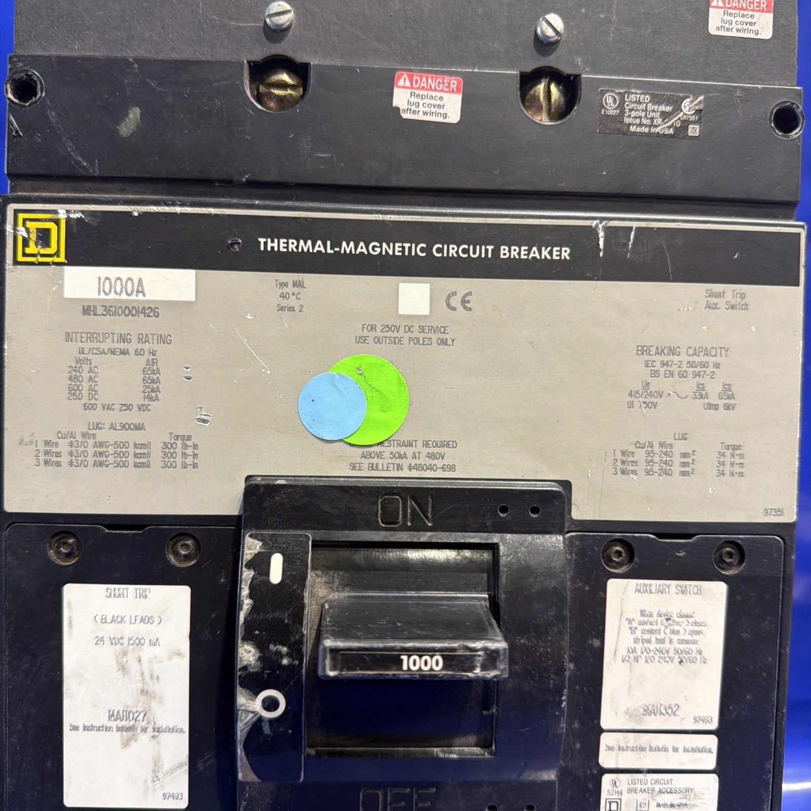 1000 Amps, Square D #MHL3610001426, thermal-magnetic circuit breaker, 600 Volts, 3 Pole - Image 4