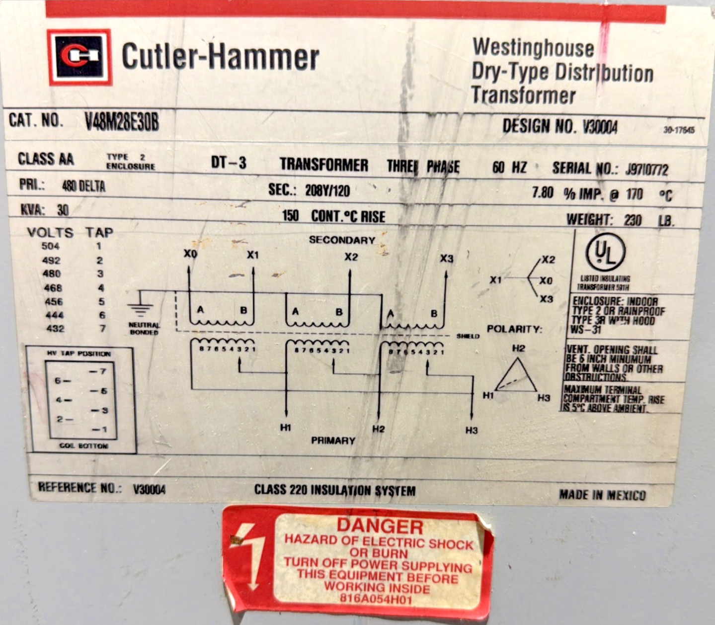 30 KVA 480 Delta Primary, 208Y/120 Secondary, Cutler-Hammer #V48M28E30B, Transformer, 3 Phase, NEMA 2 - Image 3
