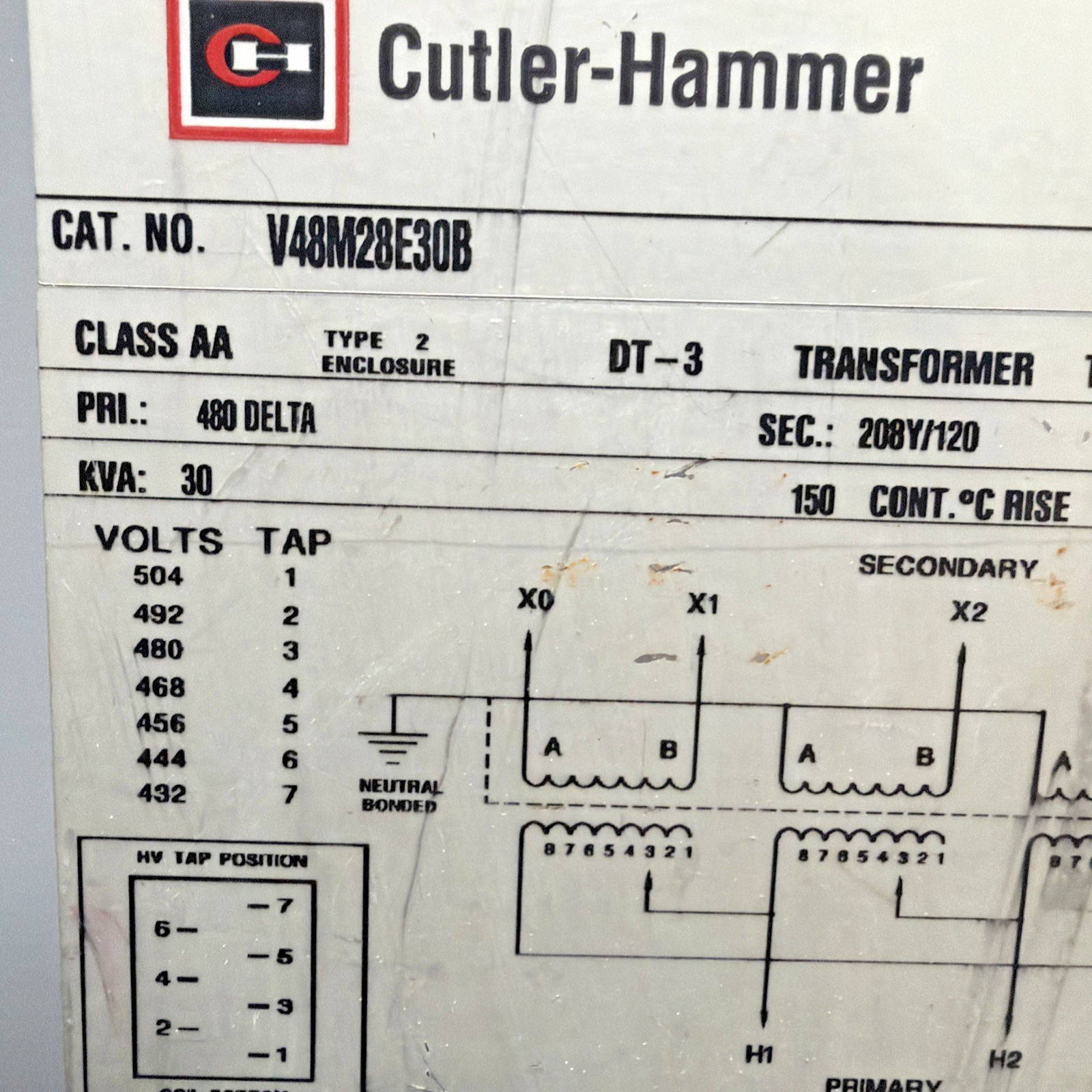 30 KVA 480 Delta Primary, 208Y/120 Secondary, Cutler-Hammer #V48M28E30B, Transformer, 3 Phase, NEMA 2 - Image 10
