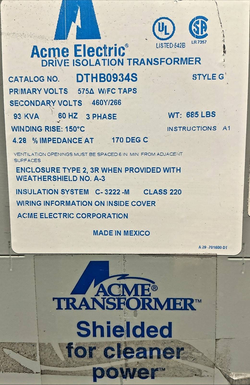 93 KVA 575 Primary, 460Y/266 Secondary, Acme #DTHB0934S, Transformer, 3 Phase, 60 Hz - Image 4