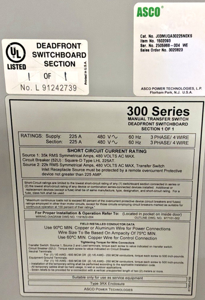225 Amp. ASCO #J03MUQA30225N08S, Transfer Switch, 480 Volts, 3 Pole, 4 Wire, switchboard, 60 Hz - Image 6