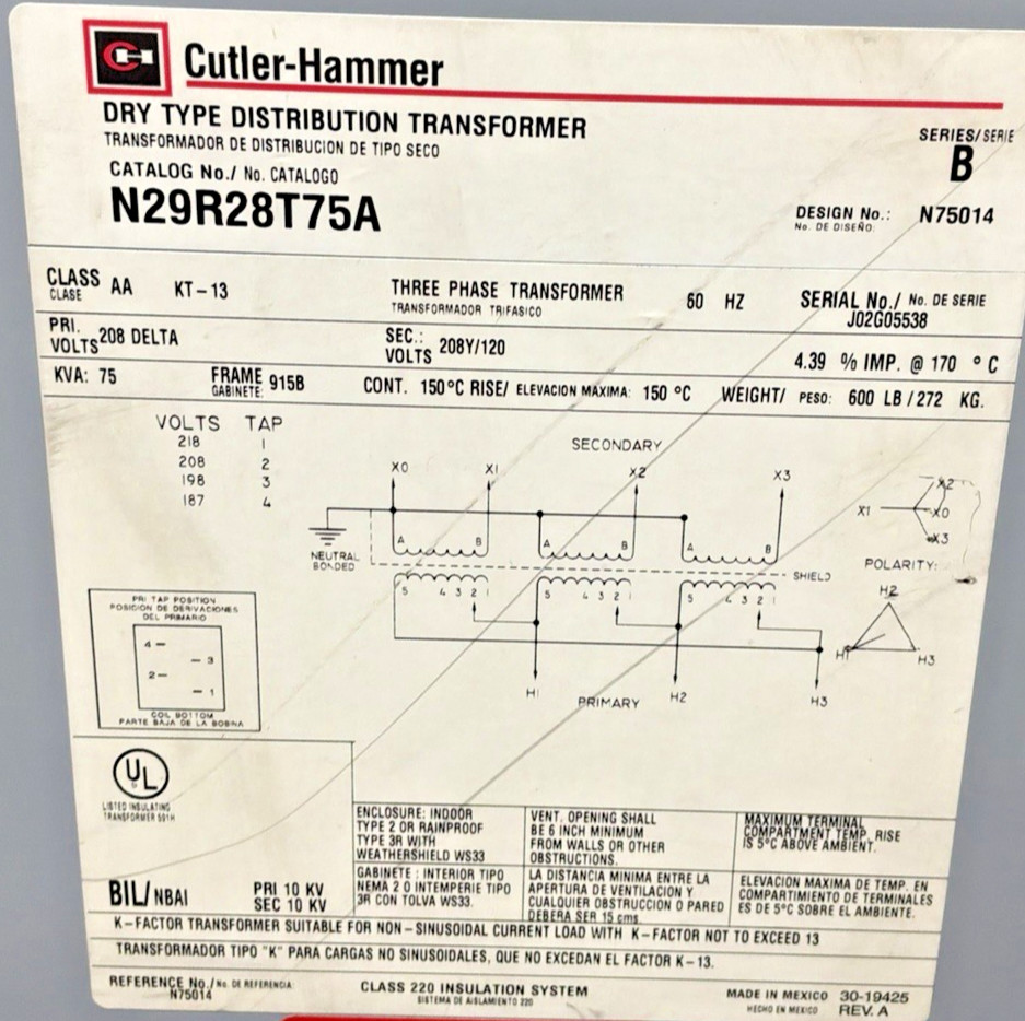 75 KVA 208 Primary, 208Y/120 Secondary, Cutler-Hammer #N29R28T75A, Transformer, 3 Phase, 60 Hz - Image 2