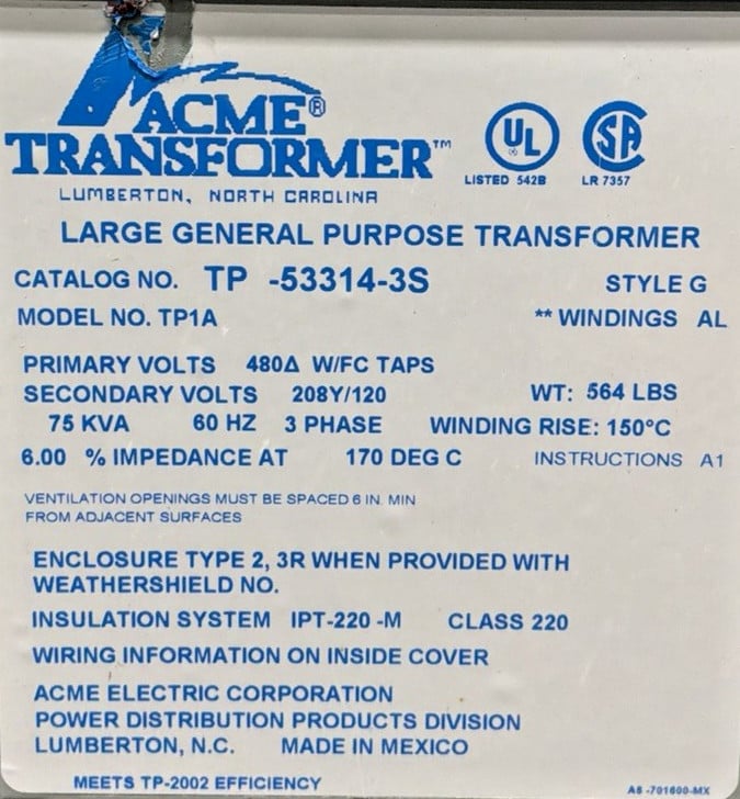 75 KVA 480 Primary, 208Y/120 Secondary, Acme #TP-53314-3S, Transformer, 3 Phase, 60 Hz, NEMA 2 (2 available) - Image 3