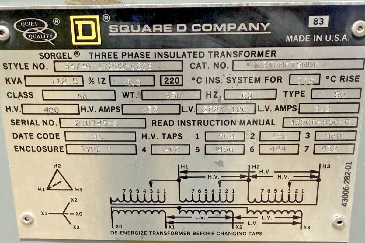 112.5 KVA 480 Primary, 208Y/120 Secondary, Square D #34749-172220298, Transformer, 60 Hz - Image 2