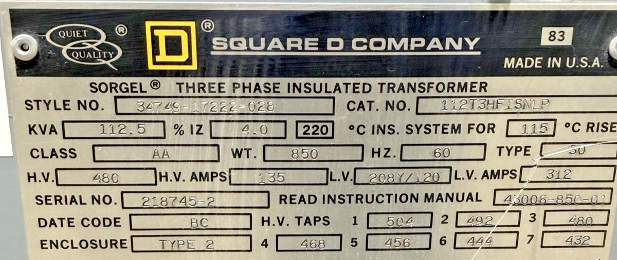 112.5 KVA 480 Primary, 208Y/120 Secondary, Square D #34749-17222-028, Transformer, 60 Hz, NEMA 2 - Image 2